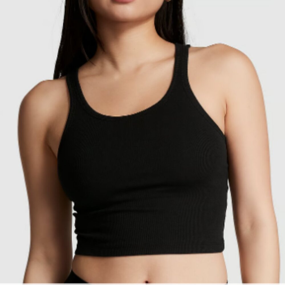 PINK Victorias Secret RIB CROP TANK‎ TOP - Pure Black - XXL